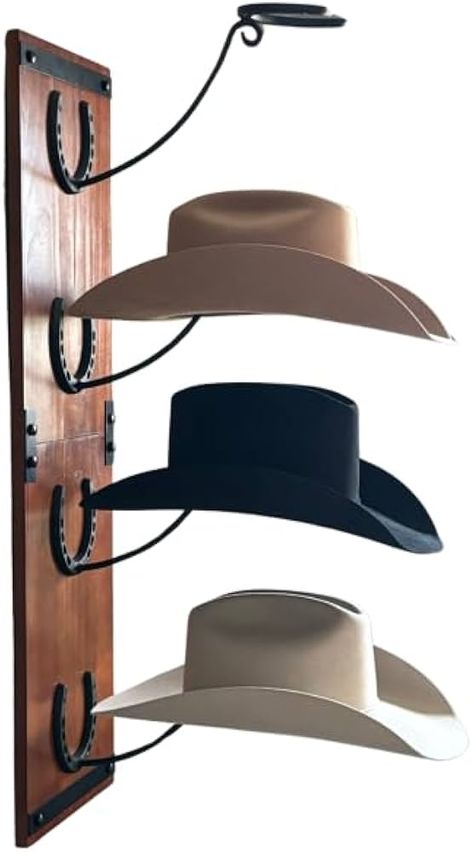 Amazon.com: R828 Ranch Cowboy Hat Rack For Wall Mount (34.6” x 10.1” x 13.5”) | Wood Cowboy Hat Holder | Hanging Western Hat Rack w/Metal Accents | Customizable Hat Organizer w/Handmade Horseshoe Mounts : Home & Kitchen Western Hat Rack, Cowboy Hat Holder, Cowboy Hat Rack, Ranch Cowboy, Horseshoe Crafts Projects, Hat Organizer, Bohemian Style Decor, Horseshoe Crafts, Hat Holder