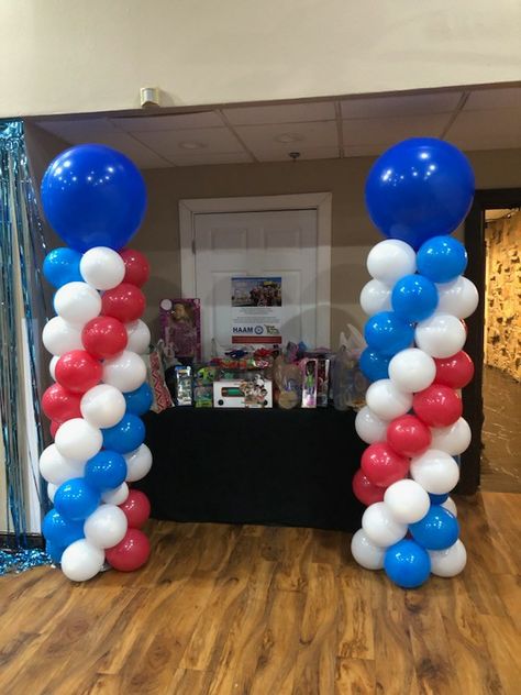 Red white and blue balloon columns Red White And Blue Balloon Columns, Red And Blue Balloon Decorations, Blue And Red Birthday Party Decoration, Red White Blue Balloons Decoration, Red White Blue Balloons, Red Blue Balloon Garland, Red White And Blue Balloons, Red White Blue Graduation Party Ideas, Patriotic Balloon Columns