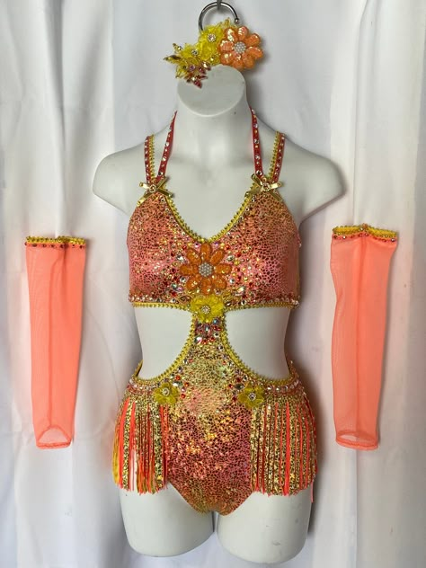 custom Jazz dance costume in bright coral, orange and yellow.  Super fun and sassy design with lots of bling and fancy things! Rhinestone straps, rhinestone and sequin appliqués. Scallop trim. crystal fringe. regular fringe. beaded fringe. long gloves and hairpiece included. Unique Dance Costumes, Jazz Costumes Competition, Jazz Dance Costumes Sassy, Dance Costumes Jazz, Dr Costume, Jazz Wedding, Musical Theatre Dance, Cute Dance Costumes, Jazz Dance Costume