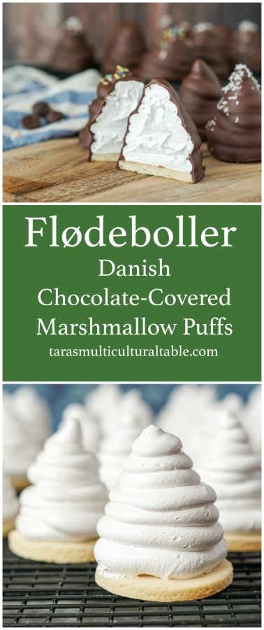 Flødeboller (Danish Chocolate-Covered Marshmallow Puffs) with one cut in half to show marshmallow filling. Food From Denmark Danish Recipes, Danish Food Recipes Denmark, Marshmallow Biscuit Recipe, Chocolate Covered Marshmallow Cookies, Danish Recipes Denmark, Denmark Desserts, Marshmallow Dessert Ideas, Danish Food Recipes, Dessert With Marshmallows