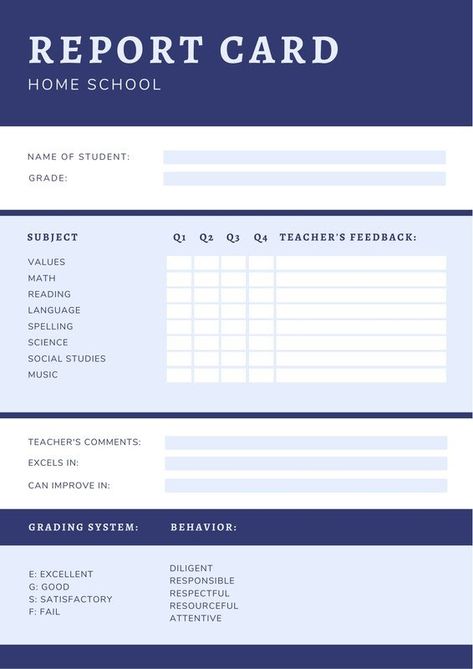 Blue and White Simple Grid Homeschool Report Card - Templates by Canva Homeschool Report Card Template, Homeschool Report Card, Teacher Comments, School Report Card, Report Card Template, Id Card Template, Homeschool Printables, Progress Report, Homeschool Organization