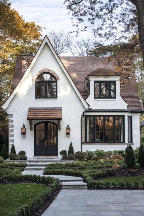 40 Charming Modern Cottage Houses You Have to See White French Cottage Exterior, Tudor Style Homes Exterior Update, French Farmhouse Architecture, Quaint Houses Exterior, Exterior House Colors Cottage Style, Modern Country French Decor, Blue Window Trim Exterior, Cottage Home Outside, White House With Brown Trim Exterior