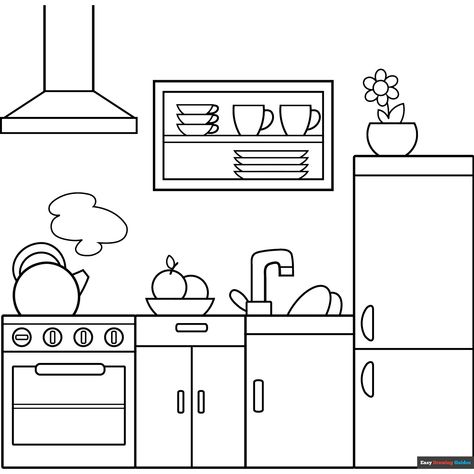 Free Kitchen Coloring Page for Kids Kitchen Clipart Black And White, Kitchen Drawing Easy, Kitchen Preschool, Exam Illustration, Kitchen Coloring Pages, Kitchen Illustration Art, Kitchen Cartoon, Kitchen Clipart, Easy Drawing Guides