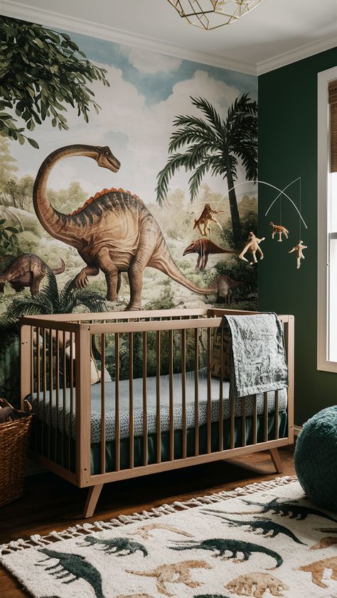 Take your little one back to the Jurassic era with a dinosaur themed nursery. Opt for a mural or boys nursery wallpaper featuring dinosaurs in a prehistoric landscape. Choose a crib in natural wood or dark green to match the earthy palette. Add a dinosaur-themed plush rug and accessories like dinosaur figurines and mobiles for a rollicking good time. Nursery Ideas Dinosaur Theme, Baby Boy Nursery Dinosaur Theme, Nursery Ideas Dark Green, Vintage Dinosaur Room, Boys Jungle Room, Dino Themed Nursery, Dinosaur Baby Nursery, Boys Nursery Wallpaper, Dinosaur Nursery Baby Boy