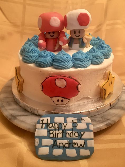 Mario theme cake “toad and toadette “ Toad Birthday Cake, Mario Toadette, Mario Theme Cake, Toad And Toadette, Cake Mario, Mario Toad, Mario Theme, Cake Kids, Happy 5th Birthday