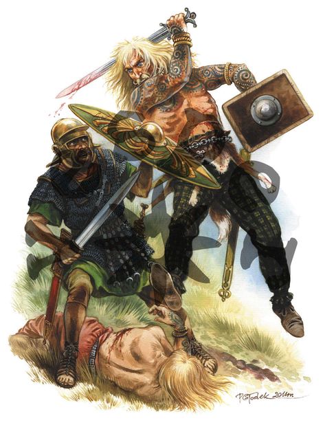 Caledonian warrior vs. Roman Auxiliary. Conquest of Britain by Roman Empire Ist century AD Pictish Warrior, Old Warrior, Warriors Illustration, Germanic Tribes, Historical Warriors, Roman Warriors, Celtic Warriors, Ancient Celts, Ancient Warfare