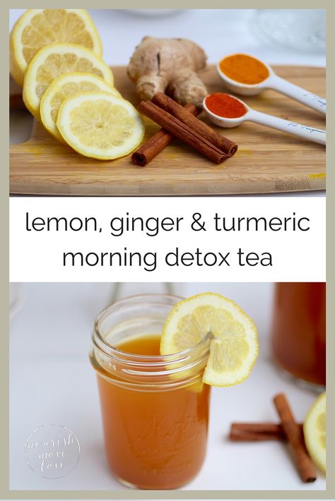 skip the eye-watering shots of apple cider vinegar and start the day with this flavorful and healing lemon, ginger & turmeric detox tea. Turmeric Detox Tea, Lemon Ginger Turmeric, Apple Cider Vinegar Remedies, Detox Tea Recipe, Veggie Juice, Lemon Diet, Homemade Detox, Lemon Detox, Turmeric Tea