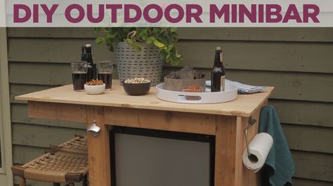 Build an outdoor bar complete with a miniature refrigerator, bottle opener and towel hooks. Small Refrigerator Cabinet, Outdoor Fridge Cabinet, Minibar Diy, Outdoor Refrigerator Cabinet, Outdoor Mini Fridge, Patio Cabinet, Mini Fridge Cabinet, Outdoor Living Kitchen, Backyard Creations