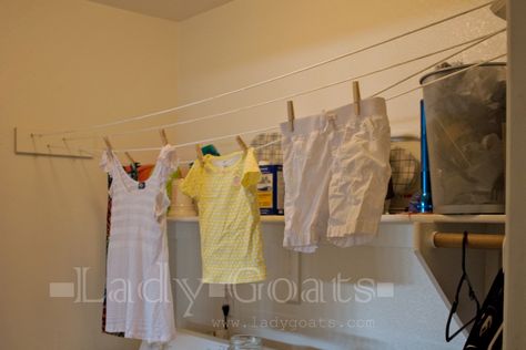 Garage Clothes Line, Indoor Clothesline Ideas, Indoor Drying Ideas, Indoor Clothes Drying Ideas, Diy Clothes Line Indoor, Apartment Clothes Line, Renter Friendly Clothesline, Make A Clothesline, Indoor Clothes Lines