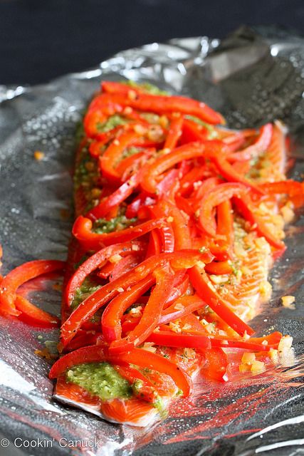 Grilled Pesto Salmon in Foil Recipe | cookincanuck.com #healthy by CookinCanuck, via Flickr Pesto Salmon Recipe, Salmon In Foil Recipes, Easy Salmon Recipe, Salmon In Foil, Pesto Salmon, Pepper Recipes, Bell Pepper Recipes, Easy Salmon Recipes, Easy Salmon