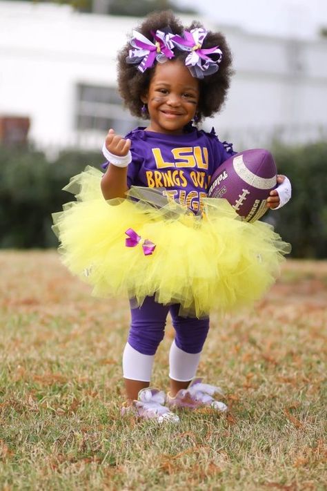 LSU LSU LSU Lsu Outfits, Yellow Tutu, Lsu Fans, Bless The Child, Lsu Football, Tiger Love, Chocolate Hair, Geaux Tigers, Louisiana State University