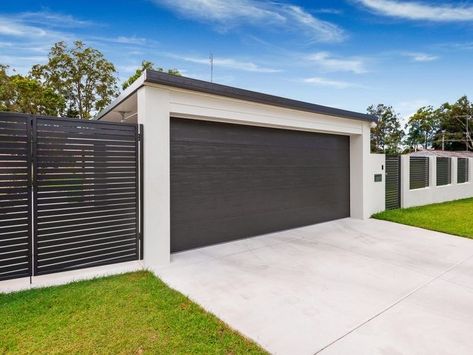 Carport With Fence, Hamptons Carport, Carport Renovation, Facade Makeover, Enclosed Carport, Hamptons House Exterior, Modern Carport, Carport Plans, Double Carport