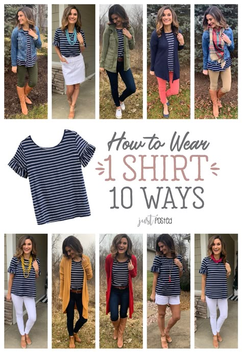 How to wear 1 striped shirt 10 different ways! A good basic striped tee can be worn so many ways!! I love that this one has the cutest ruffle detail on the sleeve. This top is such a great piece to wear all year long. And the fact that it is only $8 makes it even better! This piece is perfect for a capsule wardrobe and to dress up or down. Outfits With Striped Shirts, How To Wear Shirt, Spring Fashion Ideas, Mode Tips, Teaching Outfits, Teacher Clothes, Long Sleeve Knit Dress, Winter Outfits For Work, Teacher Outfits