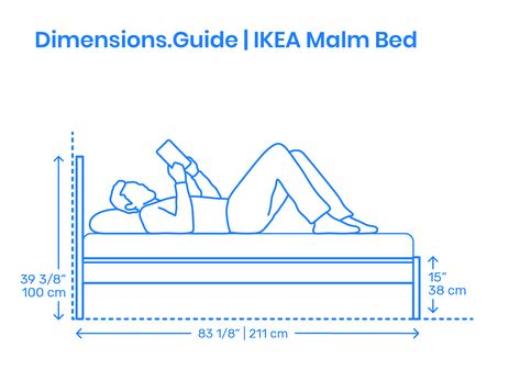 The IKEA Malm Bed is a popular wood veneer bed frame with a flat headboard and footboard designed and manufactured by IKEA of Sweden. The IKEA Malm Bed (Queen) has a length of 83 1/8” | 211 cm, width of 66 1/8” | 168 cm, headboard height of 39 3/8” | 100 cm, and platform height of 10 3/4” | 27 cm. Downloads online #ikea #furniture #beds #bedframes #bedrooms Standard Height Of Bed, Standard Bed Height, Bedroom Anthropometry, Bed Height Standard, Bed Dimensions Cm, Standard Bedroom Dimensions, Bed Frame Dimensions, Modern Bed Linen, Malm Bed Frame