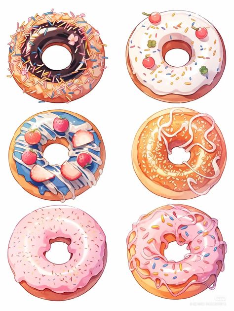 Cute Donut Drawings, Donut Reference, Cute Dessert Drawings, Donut Sketch, Doughnut Drawing, Donuts Drawing, Doughnut Illustration, Food Drawing Ideas, Donuts Illustration