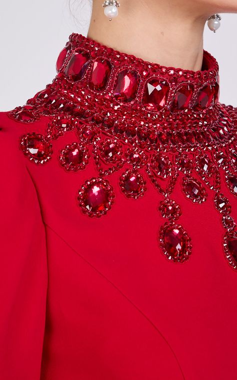 Red Embellished Dress, Items For Room, Room Decorations Ideas, Bridesmaid Dresses Ideas, Embroidery Fashion Detail, Hand Beaded Embroidery, Long Gowns, Andrew Gn, Dinner Dress Classy