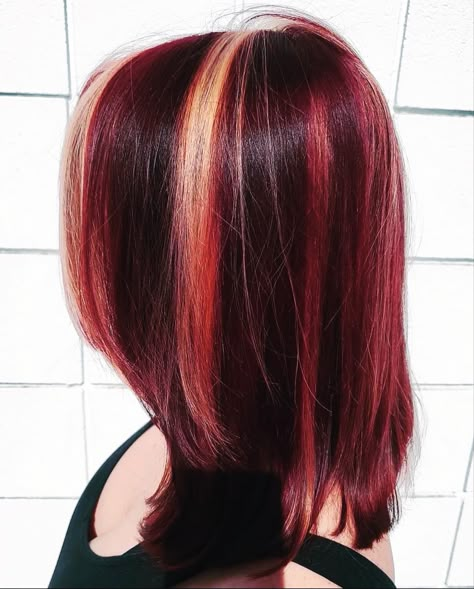 Orange Chunky Highlights, Chunky Highlights Red, Purple Chunky Highlights, Cherry Red Hair With Blonde Highlights, Red Chunky Highlights, 2000s Chunky Highlights, Chunky Highlight, School Haircut, Red Lowlights