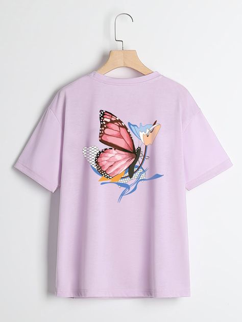 Lilac Purple Casual  Short Sleeve Polyester Letter Butterfly   Slight Stretch Summer Women Tops, Blouses & Tee Butterfly Tshirt, Purple Tshirt, Butterfly Purple, Tshirt Printing Design, Trendy Fashion Tops, Graphic Tee Design, Purple Butterfly, Lilac Purple, Women T Shirts