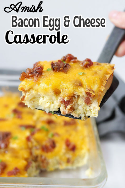 This delicious Amish breakfast casserole is loaded with eggs, bacon, cheese and shredded potatoes. A great prep ahead breakfast option! Breakfast Casserole With Hashbrowns Eggs, Breakfast Casserole With Bacon And Eggs, Bacon And Egg Breakfast Casserole, Amish Breakfast Recipes, Bacon Egg Casserole Recipes, Breakfast Casserole Bacon Egg Cheese, Cream Cheese Egg Bake, Egg And Bacon Casserole, Egg Casserole Bake