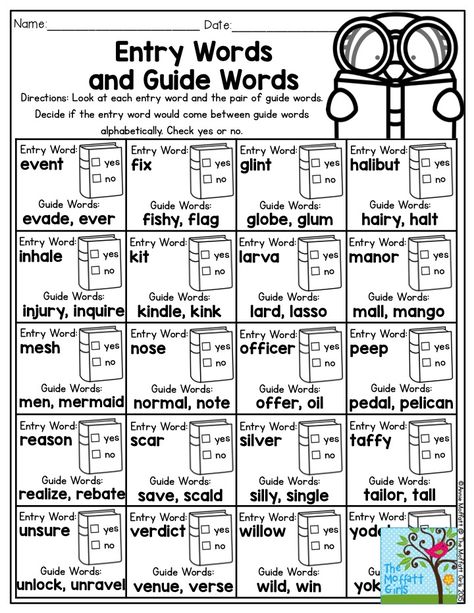 Entry Words and Guide Words- Decide if the entry word would come between the guide words alphabetically in the dictionary.  These activities can be used for morning work, homework, group work, centers and more! Perfect word work for 3rd Grade! Grade 3 Literacy, Word Lists For 3rd Grade, Word Study 3rd Grade, Words Their Way 3rd Grade, Third Grade Vocabulary Activities, Word Their Way Activities, Guided Phonics, Dictionary Activities, Library Lessons Elementary