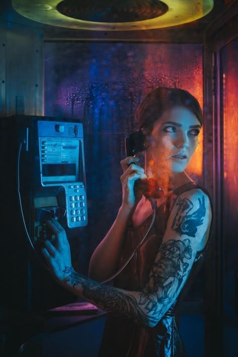 Telephone Booth Photoshoot, Telephone Booth Photography, Phone Booth Photography, Phone Booth Photoshoot, Booth Photoshoot, Cinematic Photography Ideas, Cinematic Photoshoot, Night Shoot, Neon Photography