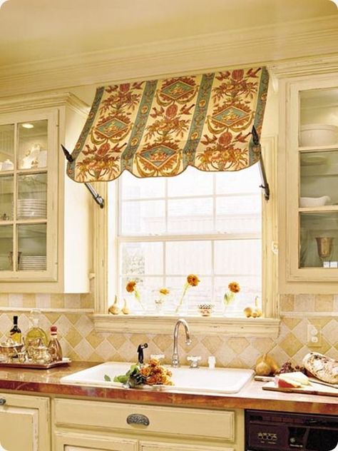 Indoor Awnings, Budget Kitchen Makeover, Casa Country, Kitchen Window Treatments, Window Awnings, Farmhouse Sink, Kitchen Window, Kitchen Curtains, French Country Decorating