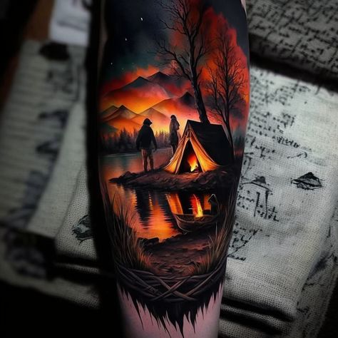 🔥I create individual sketches of a tattoo on any topic! Read more here 👉 https://t.me/tatto_lab Half Sleeve Tattoos For Men, Camping Tattoo, Sleeve Tattoos For Men, Colored Tattoo Design, Half Sleeve Tattoos, Nature Tattoo Sleeve, Tattoo Themes, Wicked Tattoos, Landscape Tattoo