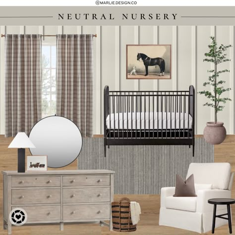 Gray Dresser Nursery, Nursery With Plaid Curtains, Wrought Iron Crib Nursery, Gender Neutral Nursery With Black Crib, Nursery Crib And Dresser, Vintage Nursery Curtains, Neutral Nursery Black Crib, Black Iron Crib Nursery, Plaid Curtains Nursery