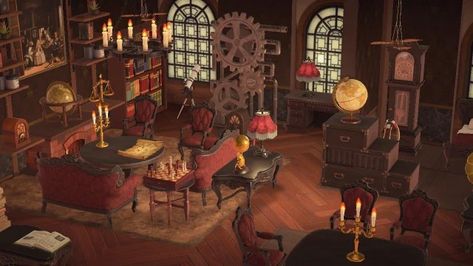 Steampunk Animal Crossing, Acnh Academia, Acnh Steampunk, Acnh School, Steampunk Cafe, Steampunk Library, Acnh Spring, Steampunk Workshop, Steampunk Rooms