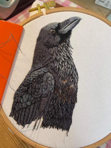 Jackalope Embroidery, Raven Embroidery, Crow Embroidery, Black On Black Embroidery, Dark Embroidery, Realistic Embroidery, Embroidered Animals, Embroidery Artwork, Feather Embroidery