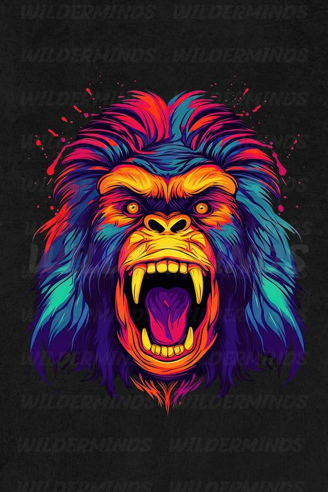 colorful angry gorilla face design on a transparent background Teeth Piercing, Gorilla Illustration, Angry Gorilla, Gorilla Face, Gorilla Art, Gorillas Art, Piercing Eyes, Trippy Artwork, Fractal Patterns