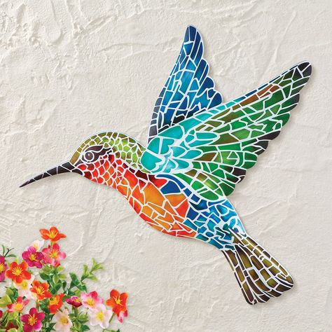 Hummingbird Mosaic Ideas, Mozaik Art Design, Outdoor Mosaic Ideas, Hummingbird Mosaic, Mosaics Ideas, Bird Mosaic, Colorful Hummingbird, Metal Mosaic, Hummingbird Wall Art