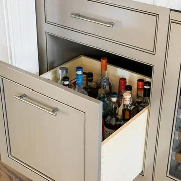 Liquor Drawer - Photos & Ideas | Houzz Liquor Drawer, Grey Kitchen Sink, Wet Bar Designs, Liquor Storage, Recessed Panel Cabinets, Home Bar Design, Wood Backsplash, Grey Countertops, Modern Mountain Home