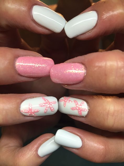 #starfish #coral #nails #nail art nail designs nails ideas Pretty Nail Art Designs Summer Pink, Simple Starfish Nails, Star Fish Nail Design, White Starfish Nails, Beach Nails Starfish, Starfish Nails Design, Pink Starfish Nails, Square Beach Nails, Starfish Nails Beach Themes