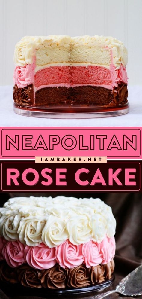 Strawberry Marble Cake Recipes, Decorate Strawberry Cake, Neopolitan Cake Recipes, Strawberry Rose Cake, Nepolian Cake, Creative Cake Recipes, Neapolitan Cake Recipe, Pirouline Cake, Bakery Desserts Ideas