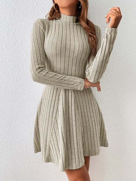 Free Returns ✓ Free Shipping✓. SHEIN Frenchy Mock Neck Ribbed Knit Dress- undefined at SHEIN. Flowy Winter Dress, Fall Long Sleeve Dress, Winter Dresses Casual, Short Dress 2023, Casual Winter Dress Outfit, Cute Fall Dresses, Knitted Winter Dress, Dresses Casual Winter, Warm Dresses