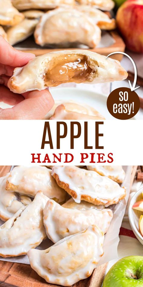 These Glazed Apple Hand Pies are the perfect fall treat. And in about 30 minutes, you'll have one of these delicious baked treats in your hands! Glazed Hand Pies, Glaze For Hand Pies, Things To Make With Canned Apple Pie Filling, Baked Hand Pies Recipes Easy, Hand Pies With Premade Pie Crust, Hand Held Apple Pies, Apple Hand Pies Easy, September Baking, Mini Apple Hand Pies