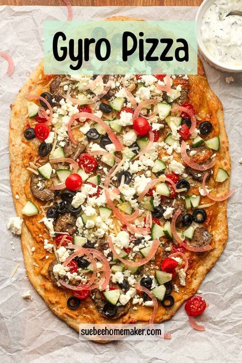 Gyro Pizza is a fusion of Greek toppings with Italian pizza, making this innovative recipe a go-to in our household. - SueBee Homemaker https://suebeehomemaker.com/gyro-pizza/ Gyro Pizza Recipe, Gyro Pizza, Homemaker Recipes, Quick Soup, Naan Pizza, Quick Pasta, Pizza Making, Flatbread Pizza, Italian Pizza