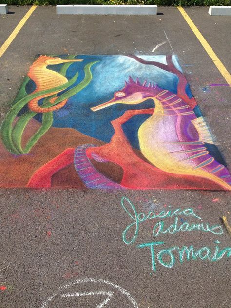 Sweet Chalk Festival 2015 Lockport NY Chalk Art. Jessica Adams Tomaino. Wild at Heart Illustration. Lined Sea Horse. Sea Horse Art. Underwater Art. Ocean Art. Pastel Art. Pastels Portrait, Chalk Art Festival, Street Chalk Art, Chalk Photos, Chalk Festival, Jessica Adams, Ocean Mural, Intro To Art, Side Walk