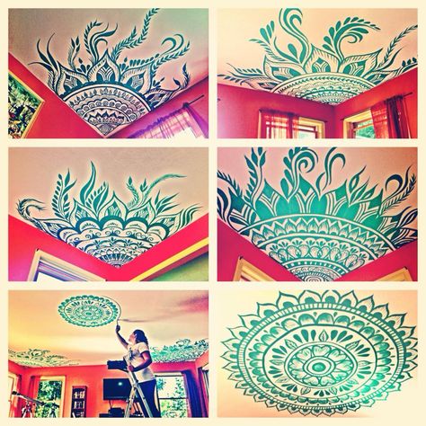 Mary Schmaling's ceiling art!  Fantastic!! Mandala Ceiling, Ceiling Mandala, Mandala Doodle, Ceiling Art, Dining Room Ideas, Wall Drawing, Wall Paint Designs, Painted Ceiling, Wall Paint