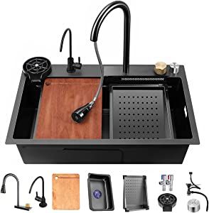 ECTbicyk Waterfall Kitchen Sink,31.5Inch Drop in Single Bowl Stainless Steel Kitchen Sink,Workstation Kitchen Sink with Accessories - - Amazon.com Waterfall Kitchen, Stainless Steel Farmhouse Sink, Topmount Sink, Commercial Sink, Drop In Kitchen Sink, Sinks Kitchen Stainless, Pull Out Faucet, Waterfall Faucet, Classic Kitchen