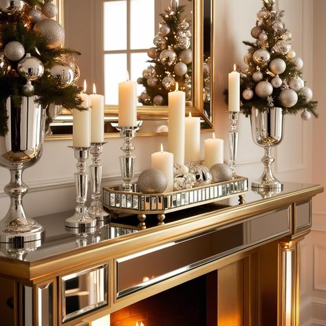 Glamorous Gold Mantel White Mantle Decor, Mantle For Christmas, White Mantle, Christmas Mantel Decorations, Christmas Mantels, Mantle Decor, Decorating Tips, Christmas Decor, Holiday Season