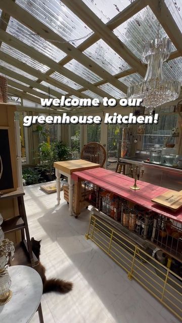 Greenhouse Add On To House, Greenhouse Add On, Greenhouse Kitchen Extension, Greenhouse Kitchen Ideas, House Inside Greenhouse, Green House Kitchen, Green House Attached To House, Glamping Structures, Witchy Mansion