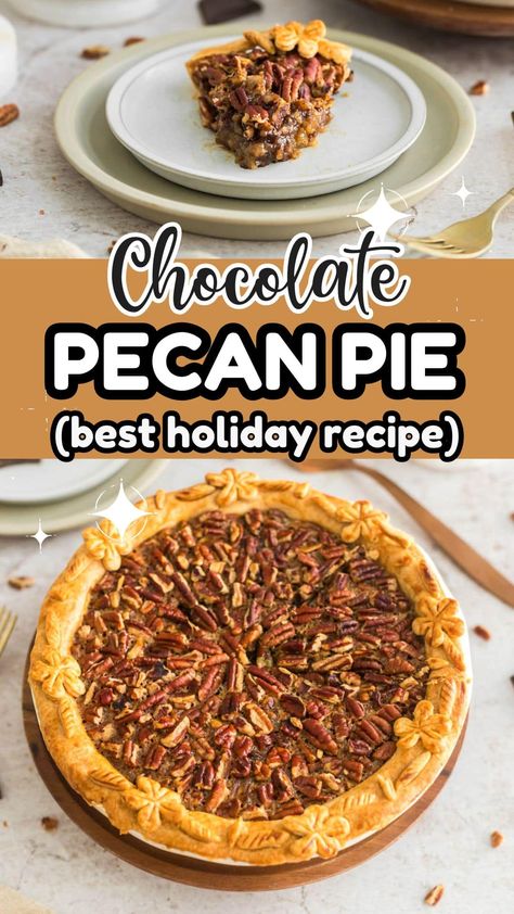 Chocolate Pecan Pie is a decadent spin on the classic Southern favorite. Gooey chocolate meets crunchy pecans for the perfect sweet and salty combo dessert. The recipe is simple but delivers a show-stopping dessert your family will crave each and every Holiday Season. Hersheys Chocolate Pecan Pie, Chocolate Pecan Pie Without Corn Syrup, Pecan Pie Recipe Chocolate, Chocolate Chunk Pecan Pie, Pecan Chocolate Chip Pie, Choc Pecan Pie Recipe, Easy Chocolate Pecan Pie, Chocolate Chip Pecan Pie Recipe, Chocolate Pecan Pie Recipe Easy