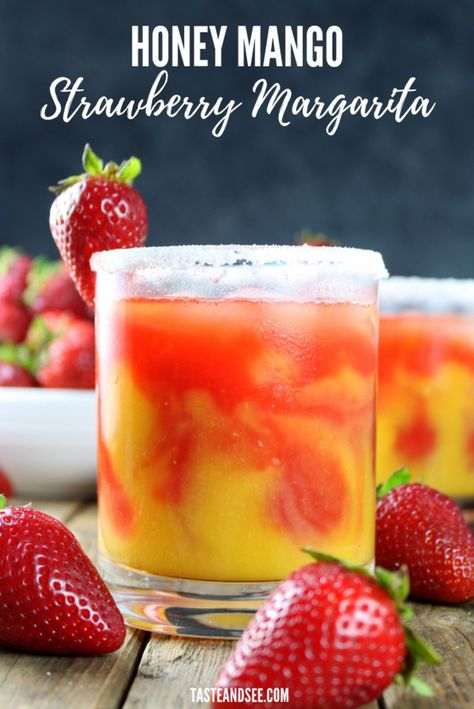 The Honey Mango Strawberry Margarita - it's fresh, fruity, boozy and delicious! The perfect cocktail for Taco Tuesday, Cinco de Mayo or anytime you want something tasty and refreshing. #MangoMargarita #StrawberryMargarita #TacoTuesday #TequilaDrinks #CincoDeMayo #TasteAndSee Honey Mango, Strawberry Banana Milkshake, Strawberry Margarita Recipe, Mango Cocktail, Mango Margarita, Tequila Drinks, Banana Milkshake, Strawberry Margarita, Tropical Drink