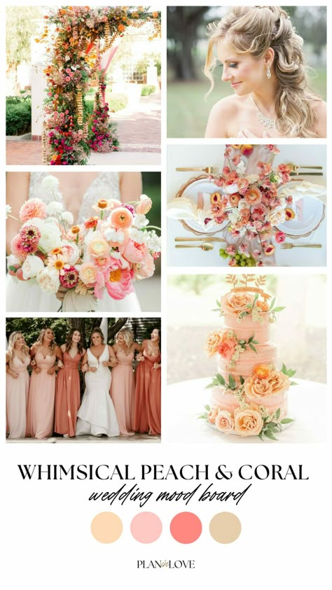 Wedding Inspiration: Whimsical Peach and Coral Wedding Mood Board - Plan In Love Peach Motif For Wedding, 2024 Wedding Trends Spring, Peach Fuzz Wedding, Romantic Spring Wedding Ideas, Peach And Coral Wedding, Peach And Gold Wedding, Bridesmaid Colours, Peach Wedding Theme, Peach Wedding Decorations