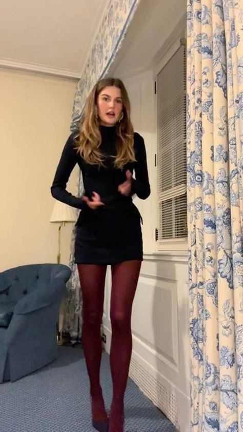 Going Out Outfits Late 20s, Black Hair Outfits Aesthetic, Night Out In San Francisco Outfit, Maroon Stockings Outfit, Semi Formal Winter Dresses, Wedding Guest Dress With Tights, Wine Tights Outfit, Valentines Date Outfit Night Dinners, Party Winter Outfit Night