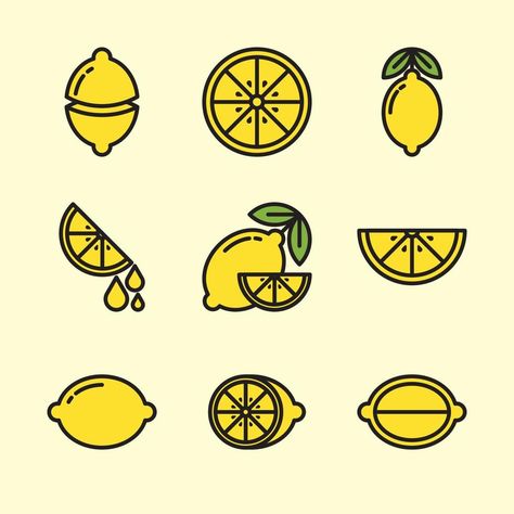 Lemon Wedge Illustration, Fruit Outline, Minimalist Cartoon, Lime Lemonade, Cartoon Fruit, Pew Pew, Citrus Fruit, Flat Design, Icon Set