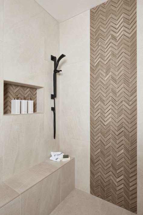 Bathroom Design Elegant, Bathroom Ideas Natural Stone, Mountain Shower Tile, Two Tone Shower Walls, Wood Tile Accent Wall Shower Ideas, Beige Natural Bathroom, Wood Tile Accent Wall Bathroom, Showers With Accent Wall, Neutral Bathroom Design Ideas