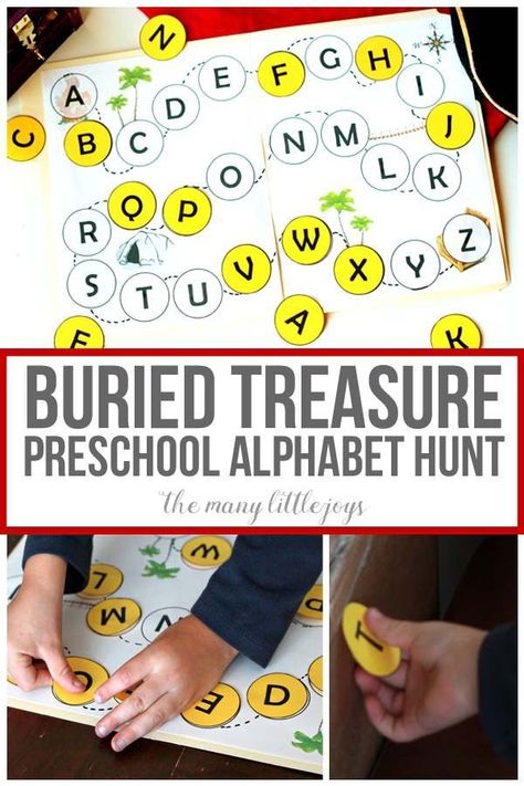 This simple printable "buried treasure hunt" preschool game is a great way to get your kiddos moving, learning the alphabet, and practicing essential preschool skills--like matching. Treasure Hunt Preschool, Pirate Alphabet, Alphabet Spanish, Pirate Preschool, Letters Preschool, Preschool Skills, Alphabet Handwriting, Tracing Alphabet, Practice Handwriting